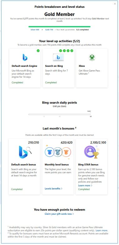 microsoft rewards member gold member screenshot