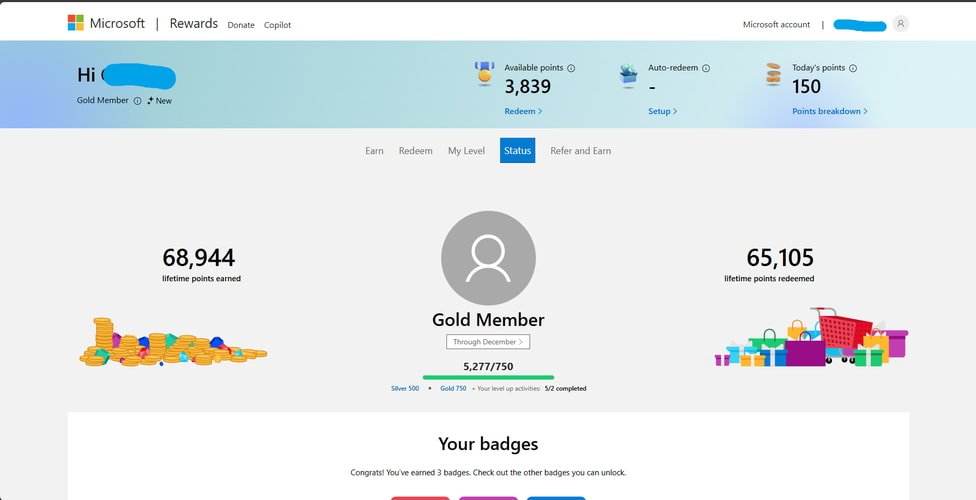 microsoft rewards program user account status screenshot