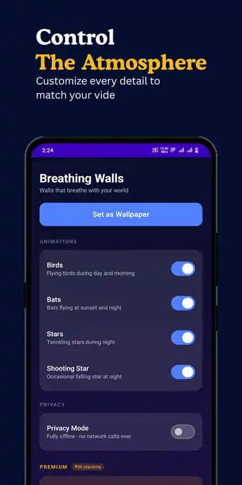 Sajeev dynamic live wallpapers app screenshots showing element control settings